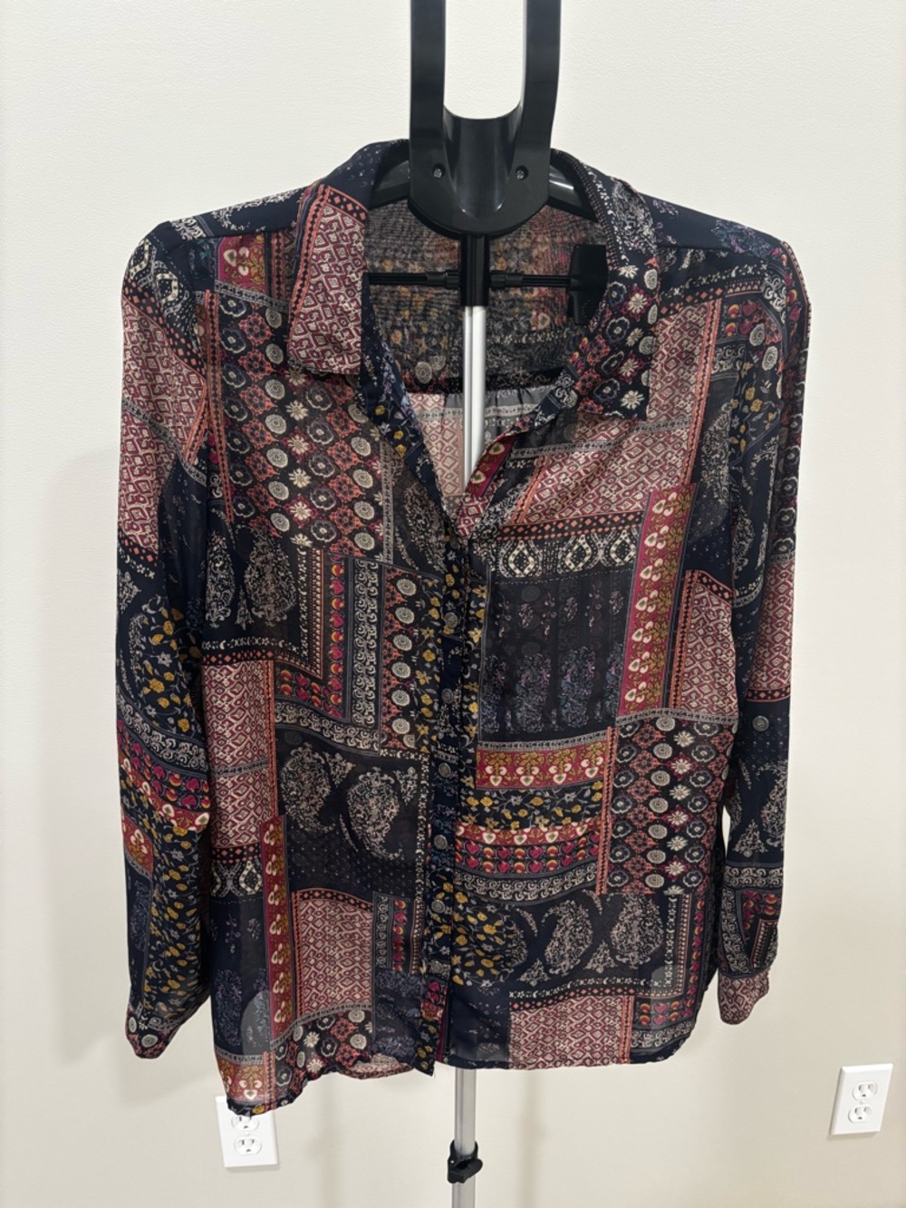 Patchwork Print Button-Down Blouse in Navy and Burgundy